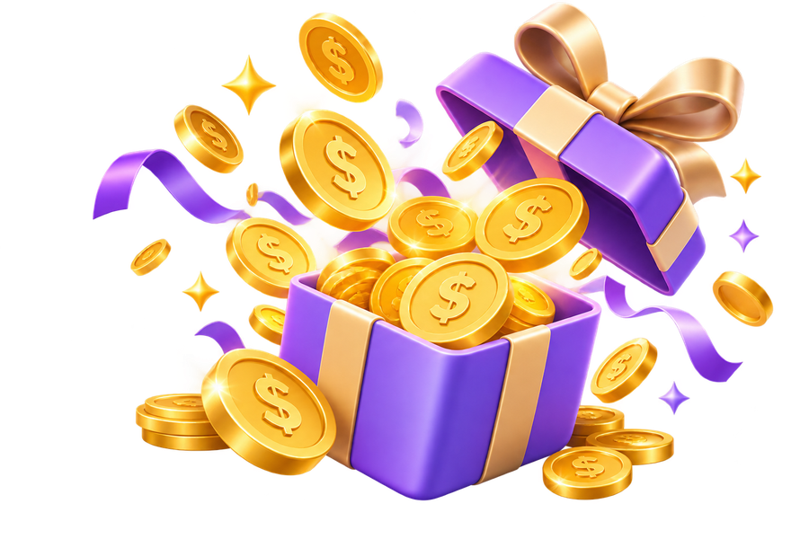 Open purple gift box overflowing with gold coins